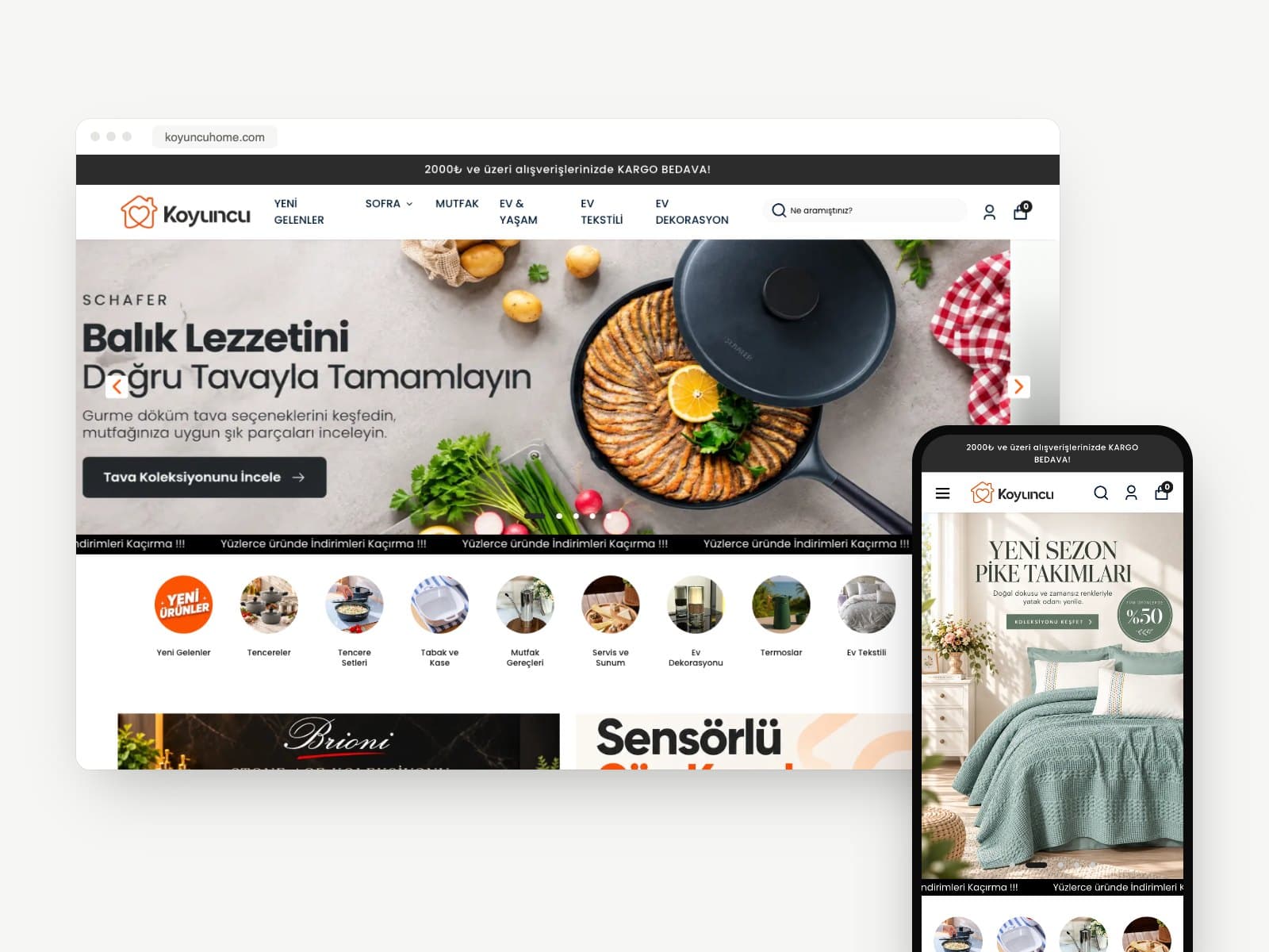 Koyuncu Home e-ticaret sitesi, masaüstü ve mobil görünüm