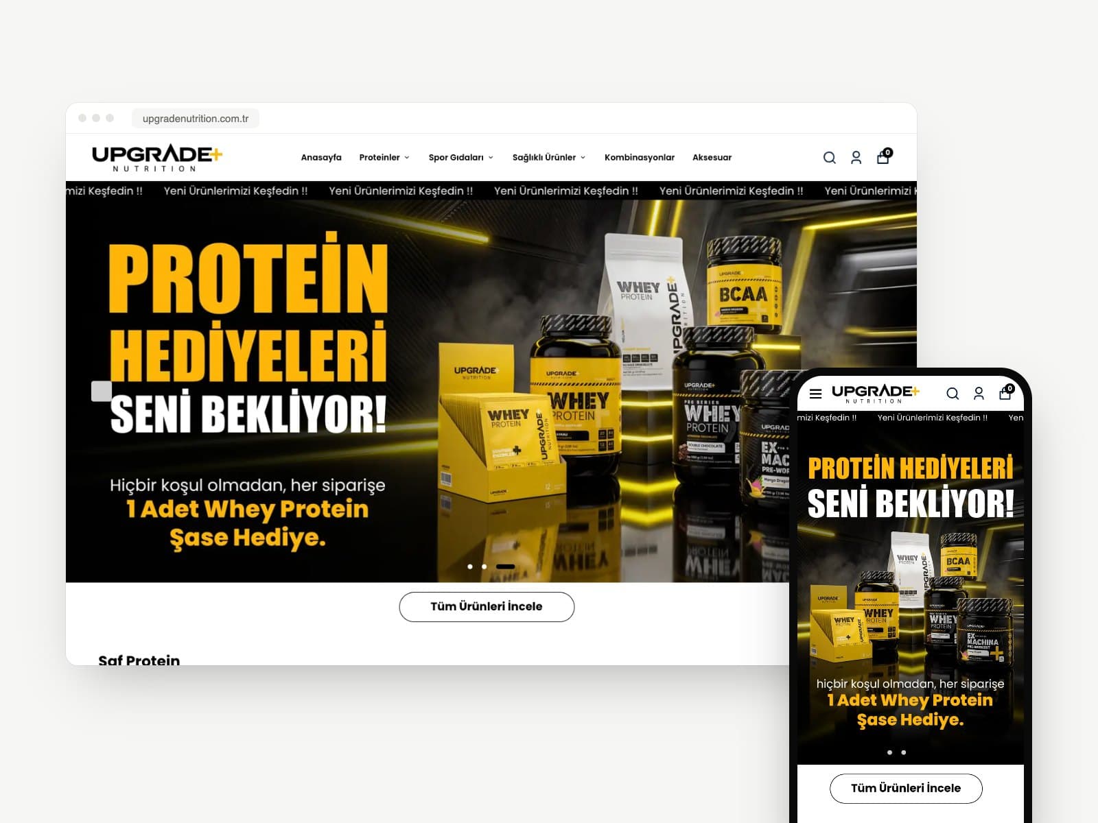Upgrade Nutrition e-ticaret sitesi, masaüstü ve mobil görünüm